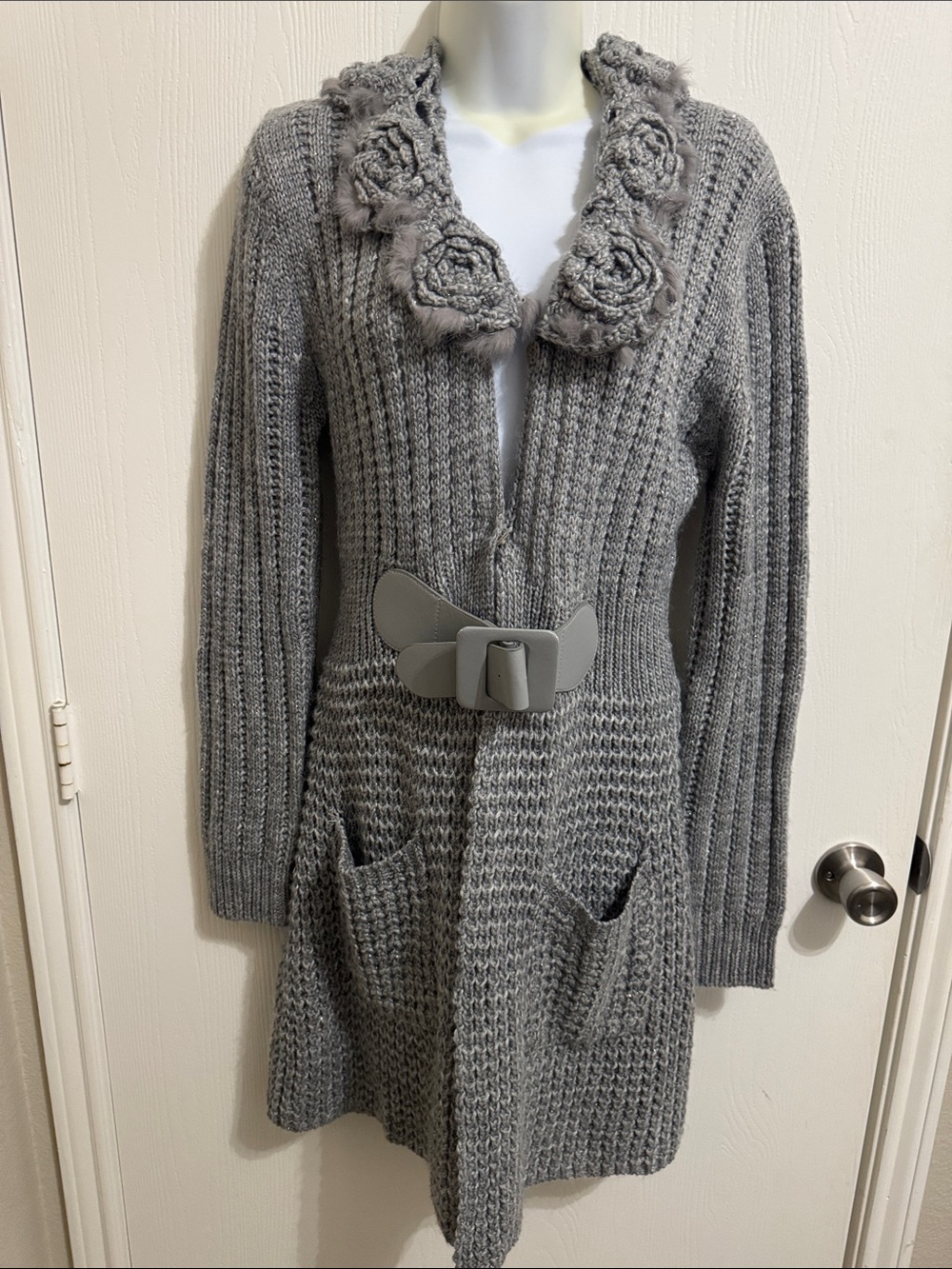 Simply Couture Chinky Knit Duster Cardigan Sweater Gray Crochet Rose Large Y2K